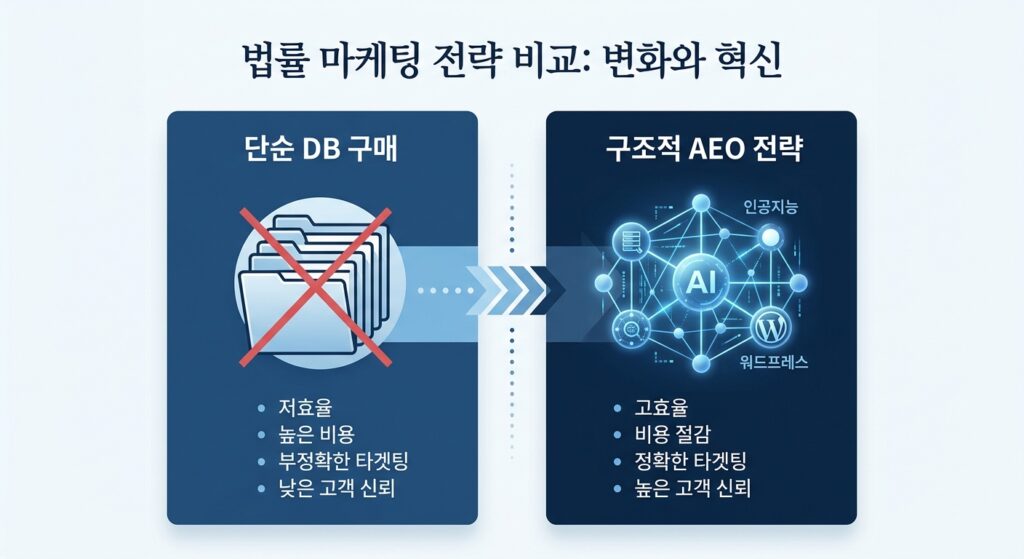 단순 DB 구매 마케팅과 AI 중심 구조적 마케팅의 변화 비교 인포그래픽